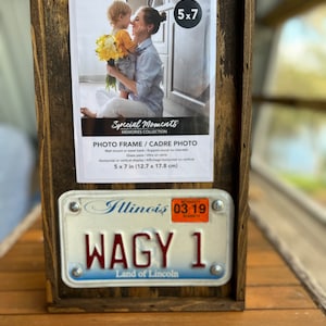 Motorcycle display wood frame for license plates and a 5x7 photo gift anniversary Christmas man cave special tag