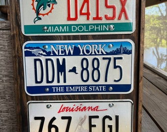 Rustic Wood License Plate Display Frame for 3: Man Cave Garage Decor