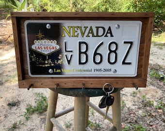 Rustic Wood License Plate Frame with Cut Nail Key Hooks - Man Cave Decor