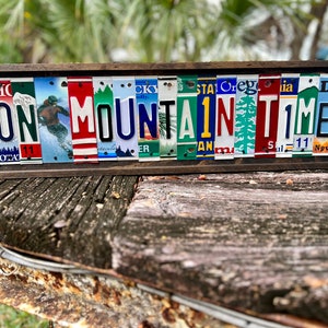 On Mountain time license plate sign, rustic ski cabin decor, housewarming gift, skiing, Adirondacks, Rocky Mountains, Adventure travel gift