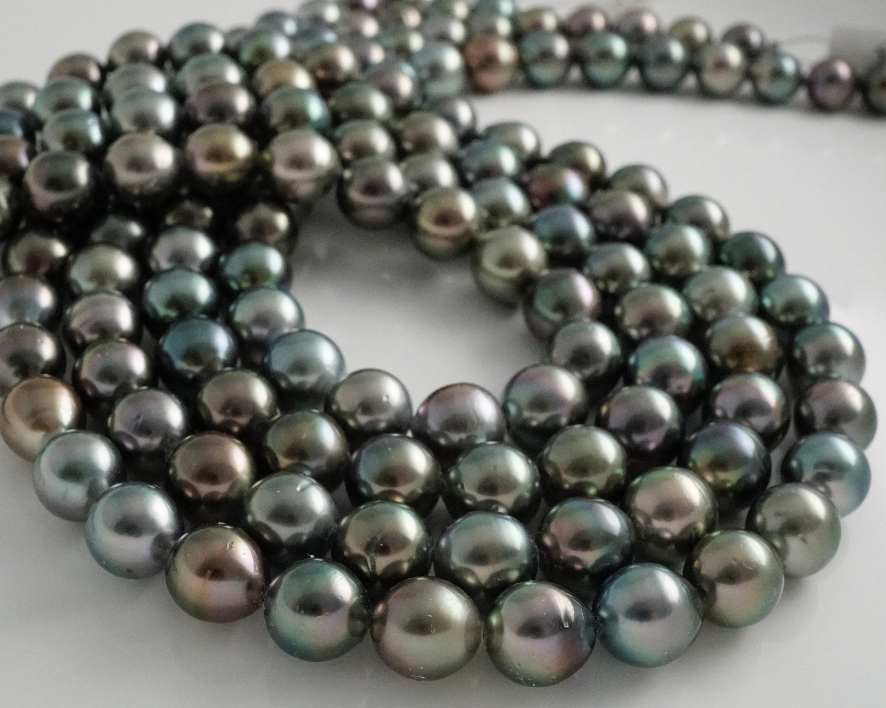 18"8-9mm Tahitian genuine black  peacock green multicolor round pearl necklace