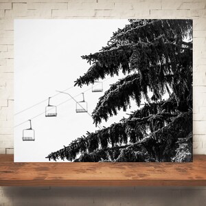 Pine Tree Ski Lift Photograph - Fine Art Print - Wall Decor - Black White Photo - Pictures Snow - Winter Landscape - Pine Trees - Farmhouse