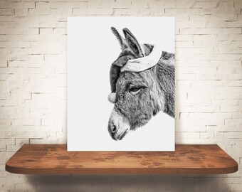 Burro Navidad Fotografía - Blanco Negro Foto - Bellas Artes Impresión - Arte de pared - Decoración de la granja - Imágenes de animales - Rústico - País - Burros