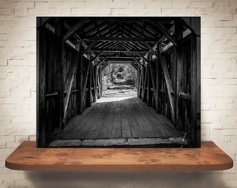 Covered Bridge Photograph - Fine Art Print - Wall Decor - Farmhouse Decor - Country Landscape - Black White Photography