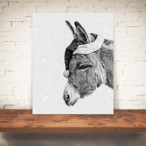 Donkey Christmas Photograph - Black White Photo - Fine Art Print - Wall Art - Farmhouse Decor - Pictures Donkeys - Rustic - Country - Snow