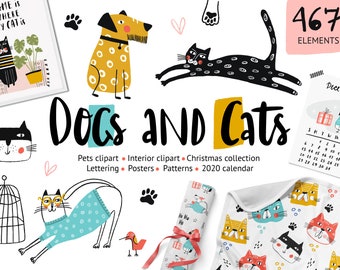 Cat Dog vector clipart PNG graphic design Posters Calendar Digital paper Baby animal Christmas Interior elements Creator Commercial use