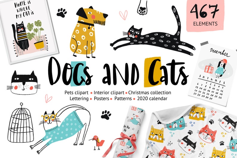 Dog Cat Clipart for kids Bundle Cute pets PNG Baby animal faces Nursery wall art Digital paper Christmas Interior elements Commercial use image 1