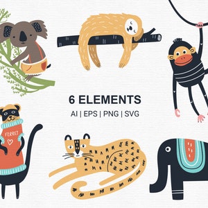 May include: A set of six colorful illustrations featuring various animals, including a sloth, monkey, koala, ferret, leopard, and elephant. The illustrations are in a cartoon style and are perfect for use in children's books, greeting cards, or other creative projects.