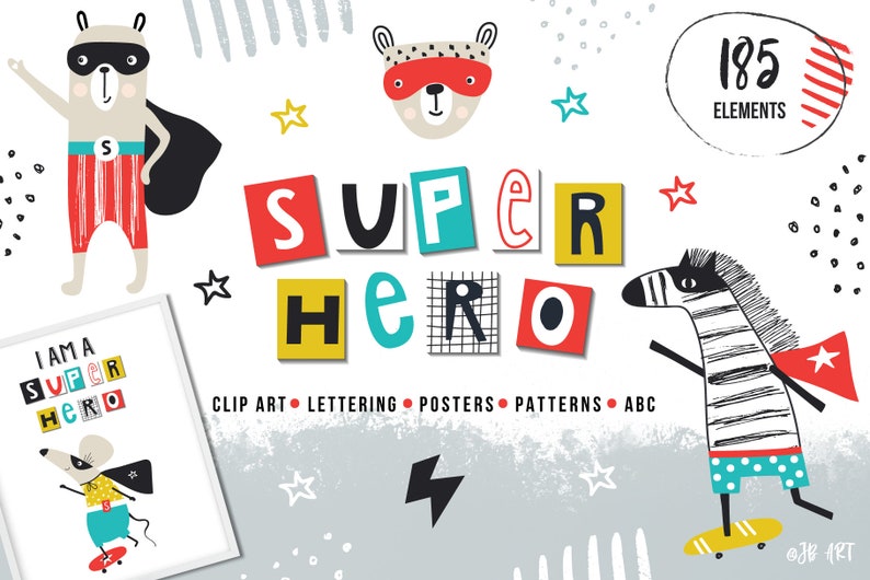 Super hero digital kids vector clipart Child PNG illustrations Animals character creator Graphic design Digital paper Commercial use image 1