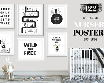 Nursery wall art Scandinavian style Digital Posters Boy Girl Kids printable Nordic design Black and white Baby nursery Commercial Use