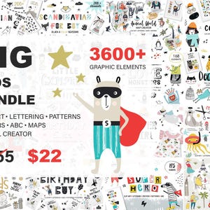 Whimsical Kids Clipart Bundle, Watercolor Cute Animals, Scandinavian Black and White, Superhero Birthday Christmas Fall Woodland Design Set image 6