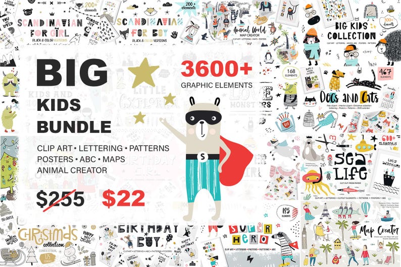 Whimsical Kids Clipart Bundle, Watercolor Cute Animals, Scandinavian Black and White, Superhero Birthday Christmas Fall Woodland Design Set image 6