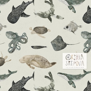 Könnte beinhalten: Ein nahtloses Muster mit verschiedenen Meeresbewohnern, darunter ein Wal, ein Tintenfisch, ein Rochen, eine Schildkröte und Fische. Der Hintergrund ist hellbeige mit einer dezenten Textur. Das Muster eignet sich perfekt für Stoffe, Tapeten oder Geschenkpapier.