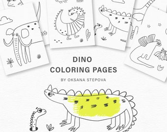 Dinosaur coloring pages printable art Dino sheets Instant download PNG Cute dragon Kids illustration Homeschool funny mammoth Digital file