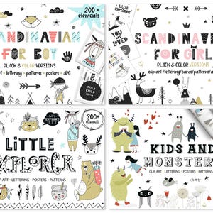 Whimsical Kids Clipart Bundle, Watercolor Cute Animals, Scandinavian Black and White, Superhero Birthday Christmas Fall Woodland Design Set image 9
