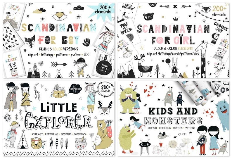 Whimsical Kids Clipart Bundle, Watercolor Cute Animals, Scandinavian Black and White, Superhero Birthday Christmas Fall Woodland Design Set image 9