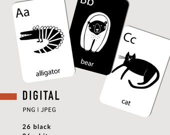 Alphabet flashcards PNG Preschool printables Animal alphabet Homeschool Zoo ABC cards Black and white Childbirth education Commercial use