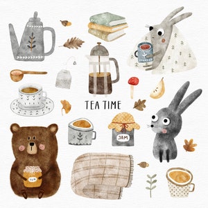 Automne enfants clipart Illustration fantaisiste aquarelle pour enfants Art de l'heure du thé Décoration murale rustique pour chambre d'enfant Usage commercial