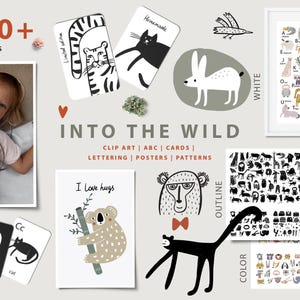 Whimsical Kids Clipart Bundle, Watercolor Cute Animals, Scandinavian Black and White, Superhero Birthday Christmas Fall Woodland Design Set image 3