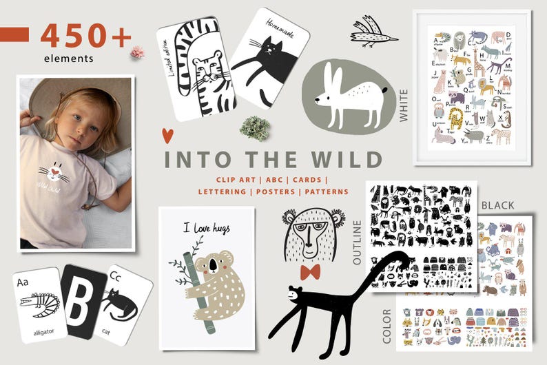 Whimsical Kids Clipart Bundle, Watercolor Cute Animals, Scandinavian Black and White, Superhero Birthday Christmas Fall Woodland Design Set image 3