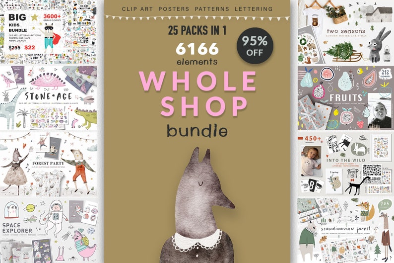 May include: A collage of illustrations featuring various themes, including space, animals, fruits, and nature. The text "WHOLE SHOP bundle" is displayed in pink letters on a brown background. The bundle includes 25 packs with 6166 elements and is 95% off.