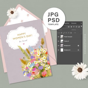 Modelo digital editável para seu cartão de aniversário para mãe Flores para mulheres Feliz dia das mães presente Flores silvestres PSD JPG para impressão