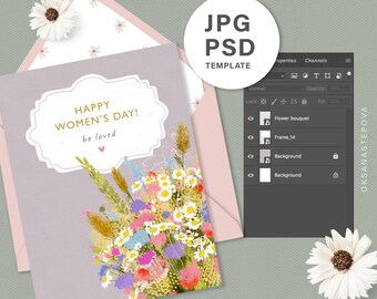 Digital editable template for her Birthday greeting card for mom Flowers for women Happy mothers day gift Wildflowers PSD JPG Printable