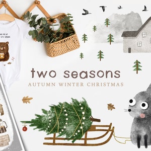 Herbst Winter Clipart für Kinder Aquarell Bilder Weihnachten skandinavischen Wald PNG Neujahr Karten Digitales Papier Download Kommerzieller Gebrauch