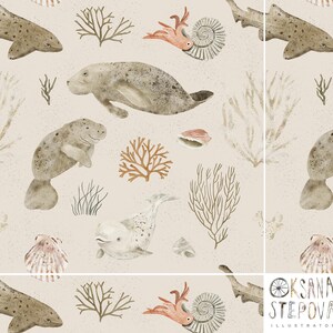 May include: A seamless pattern featuring watercolour illustrations of various sea creatures, including manatees, sharks, and an octopus with an ammonite shell. The background is a light beige colour with coral and seaweed accents.