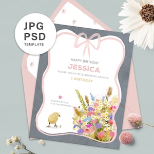Plantilla digital de anuncio de nacimiento Tarjeta imprimible de bebé recién nacido Saludos de cumpleaños Invitaciones editables PSD JPG Regalo para su ramo de flores