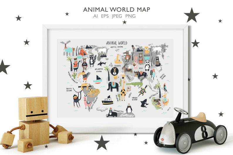 Illustrated Map Print Baby animals Kids World Map Art Africa Digital maps Wall map Instant Download PNG Commercial use Printable Location image 2