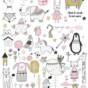 Scandinavian Clipart for Kids Baby girl Bundle Nordic black and white animals Nursery wall art Seamless pattern Vector Commercial use PNG image 3