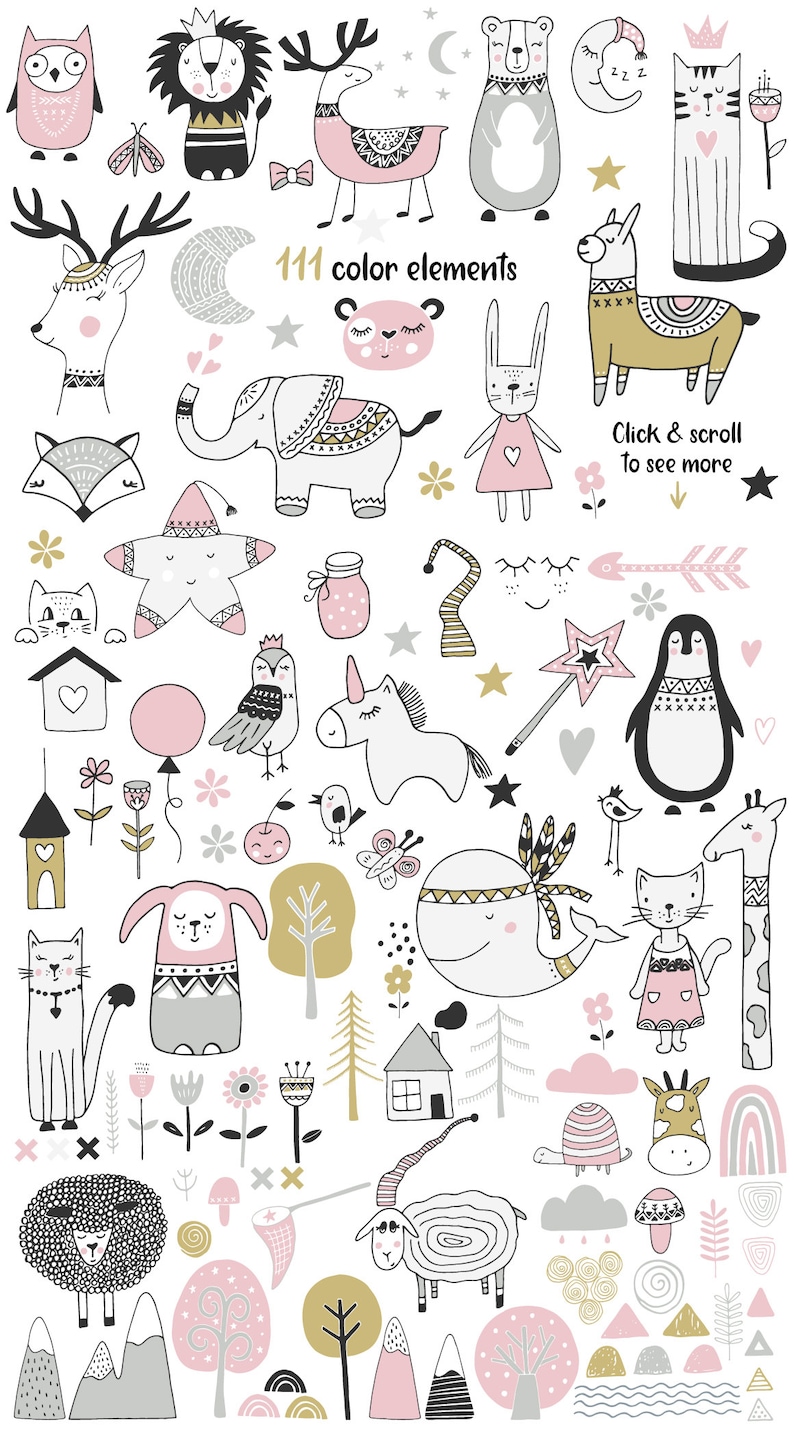 Scandinavian Clipart for Kids Baby girl Bundle Nordic black and white animals Nursery wall art Seamless pattern Vector Commercial use PNG image 3
