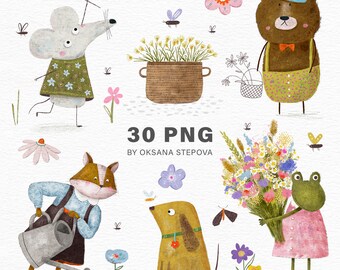 Hello spring Clipart for Kids Garden care Bear PNG Fox Spring flowers Frog field bouquet Dog Mouse Hand drawn painting Summer Commercial use