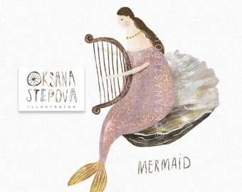 Mermaid PNG Clipart for kids Hand painted illustration Baby girl clothes design Mermaid with a harp in a shell Digital Prints Commercial use