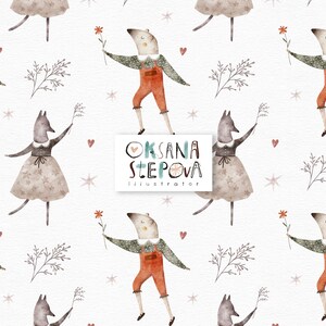 Op de afbeelding: Een naadloos patroon met aquarel illustraties van dieren, bloemen en sterren. Het patroon bevat een vos, een wolf en een beer, allemaal gekleed. De tekst "OKSANA STEPOVA illustrator" is opgenomen in het patroon.