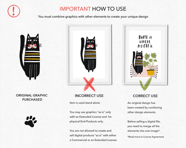 May include: A graphic design tutorial showing how to use a purchased graphic. The graphic is a black cat with a yellow and black striped shirt. The tutorial shows an incorrect use of the graphic, which is to use it alone, and a correct use of the graphic, which is to combine it with other elements to create a unique design. The correct use example shows the cat graphic combined with text, a plant, and a patterned background to create a design that says "Home is where my cat is."