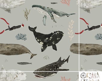 Whimsical Whale Seamless Digital Paper | Kids Fabric Pattern | Underwater Baby Craft Textile | Ocean Animals Design PNG | Commercial use