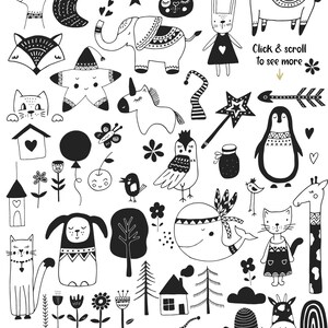 Scandinavian Clipart for Kids Baby girl Bundle Nordic black and white animals Nursery wall art Seamless pattern Vector Commercial use PNG image 2