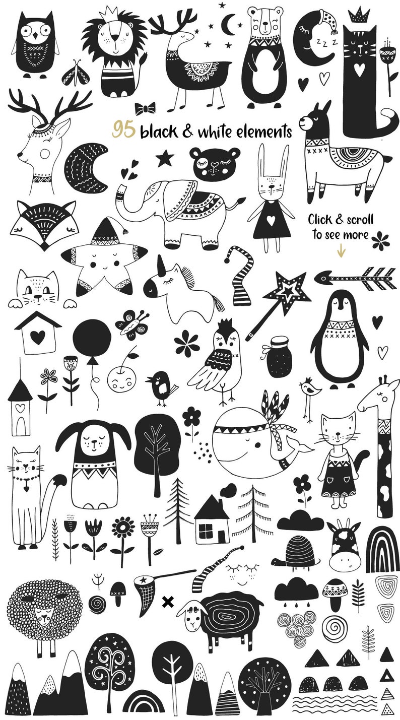Scandinavian Clipart for Kids Baby girl Bundle Nordic black and white animals Nursery wall art Seamless pattern Vector Commercial use PNG image 2