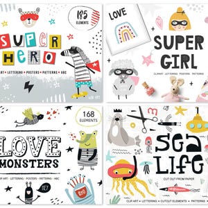Whimsical Kids Clipart Bundle, Watercolor Cute Animals, Scandinavian Black and White, Superhero Birthday Christmas Fall Woodland Design Set image 8