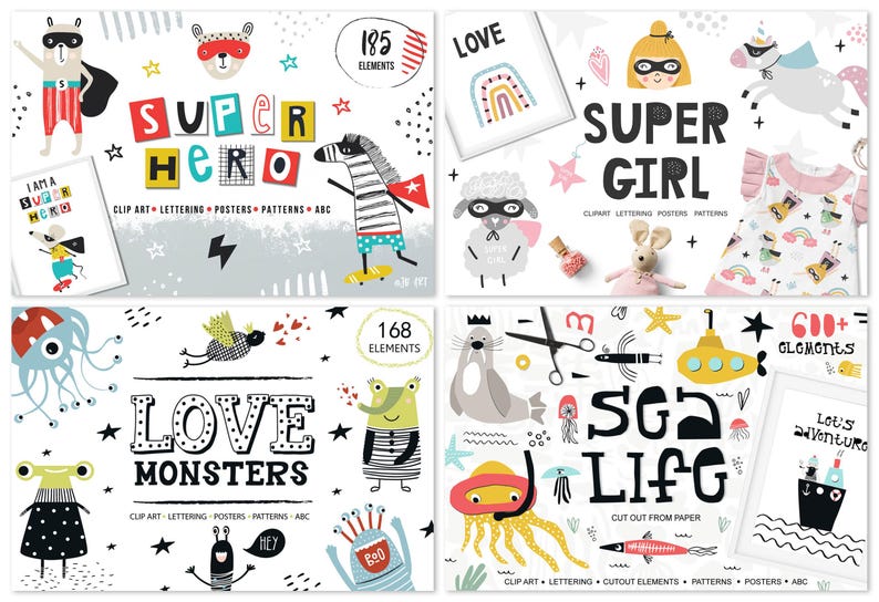 Whimsical Kids Clipart Bundle, Watercolor Cute Animals, Scandinavian Black and White, Superhero Birthday Christmas Fall Woodland Design Set image 8