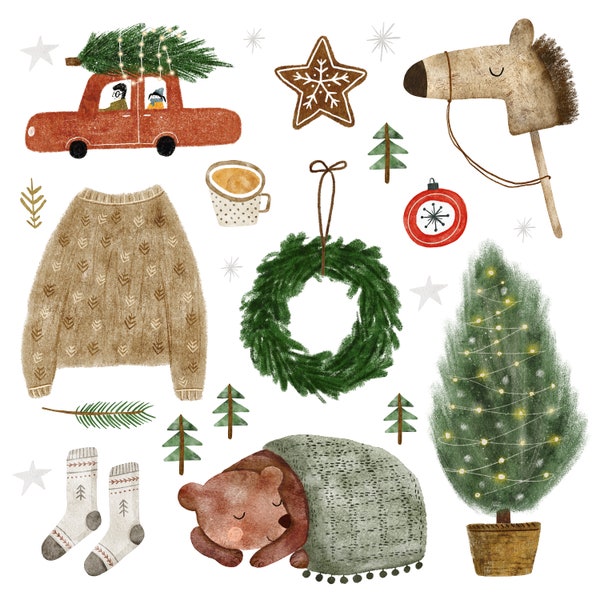 Christmas clipart Bear Christmas wreath Scandinavian Knit sweater Socks Gingerbread Hobby horse Christmas tree Cup of tea Car Commercial use