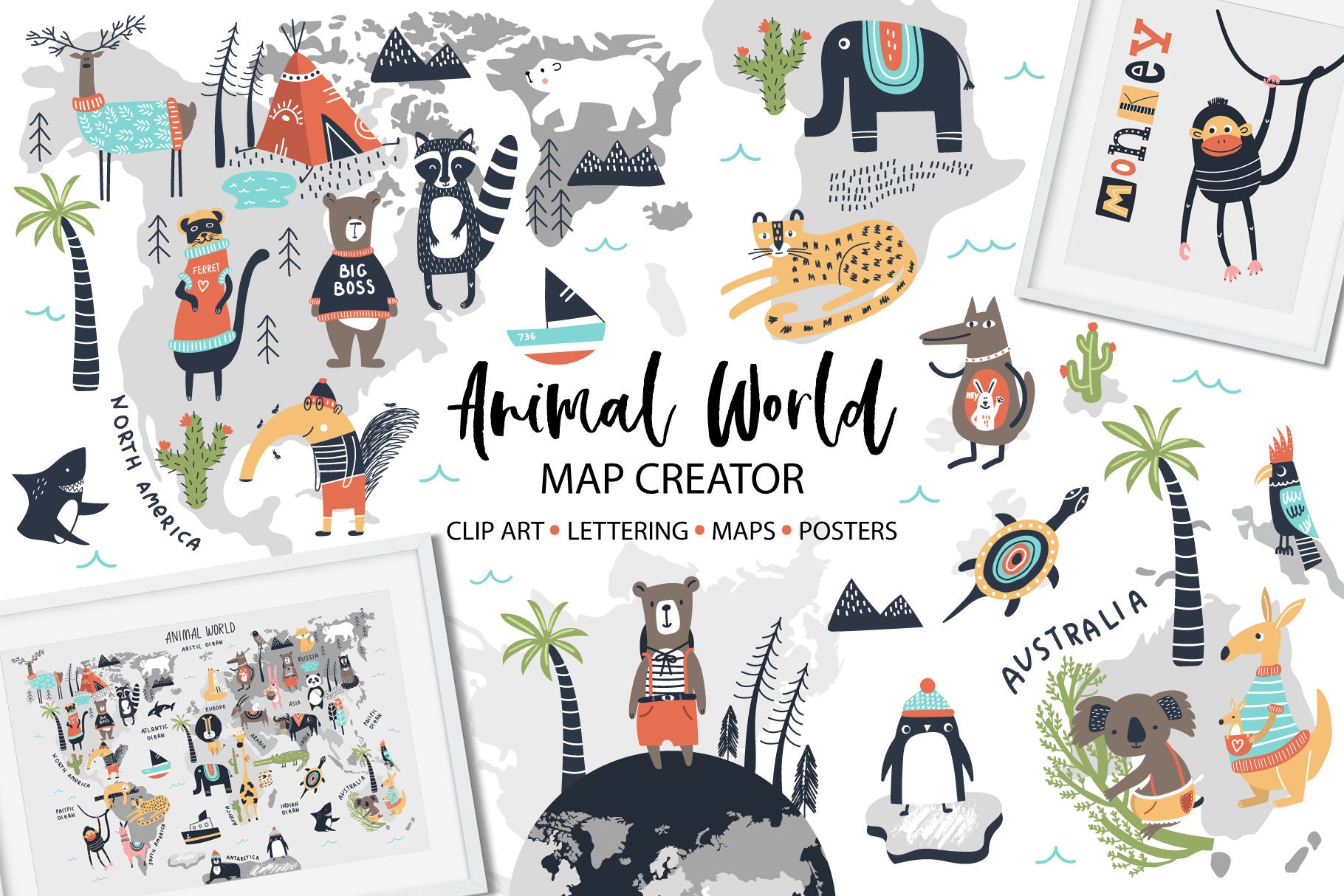 Illustrated Animal World Map Creator Clipart for Kids Nursery Wall Art ...