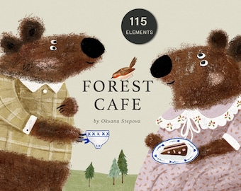 May include: Two brown bears, one holding a cup of tea and the other holding a slice of cake on a plate, stand in front of a forest scene. The text "FOREST CAFE" is written in large letters above them. The text "by Oksana Stepova" is written below them. The text "115 ELEMENTS" is written in a circle in the upper right corner of the image.