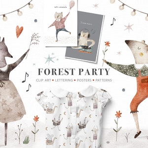 Dansende dieren Clipart voor kinderen Forest pool party Kinderen illustratie Wolf Bear PNG aquarel schilderijen Patronen Posters Commercieel gebruik
