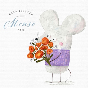 Ratón con flores Hola ramo de primavera PNG Ilustración de bebé Pintado a mano Regalos de cumpleaños de verano Descarga digital Gratitud Tarjeta de agradecimiento