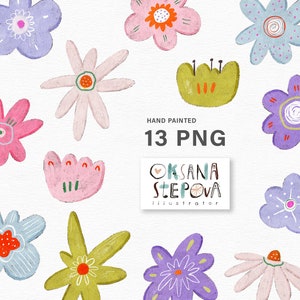 Flores clipart para niños Flor de color primavera png Pinturas de acuarela caprichosas Descarga digital Diseño de bebé estilizado divertido Uso comercial