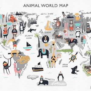 Illustrierte Landkarte Druck Baby Tiere Kinder Weltkarte Kunst Afrika Digitale Karten Wandkarte Sofortiger Download PNG Kommerzieller Gebrauch Druckbare Lage
