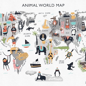 Illustrated Map Print Baby animals Kids World Map Art Africa Digital maps Wall map Instant Download PNG Commercial use Printable Location image 1